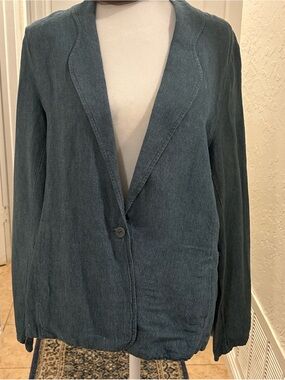 Eileen Fisher Slate Blue organic linen blazer pockets quiet luxury M